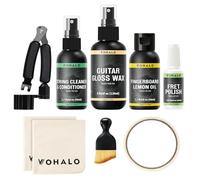VOHALO Kit de limpieza de guitarra de alta calidad: cera brillante para guitarra, aceite de limón diapasón, aceite limpiador de cuerdas, pulido de trastes con paño de microfibra, cepillo y