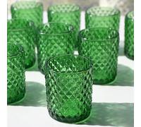 Vohocandle 12 vasos de cristal verde para velas de té para mesa de boda, portavelas de cristal para baby shower, velas de té verdes para fiestas y decoración de mesa de vacaciones