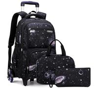 Voici et Voila 3pcs Mochilas Escolares con Ruedas Carro para Mochilas Escolares Niña Niños Grande Bolsas Escolares Trolley Bag Mochila Infantil Cielo Estrellado Galaxy 30x23x46cm