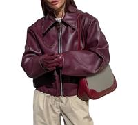 VOIKERDR Chaqueta de piel sintética para mujer, color burdeos, con cremallera, chaqueta moderna para motocicleta, Vino, Small