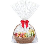 Voikinfo Bolsas grandes de celofán transparente con estrellas doradas de 24 x 30 pulgadas, bolsas de celofán transparente para envolver canastas, bolsas de regalo de fiesta con lazo dorado