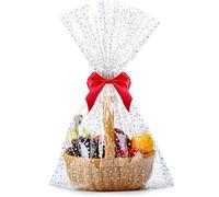 Voikinfo Bolsas grandes de celofán transparente para envolver regalos, 15 unidades, 18 x 30 pulgadas, con estrellas doradas, bolsas de regalo para fiestas, con lazo dorado