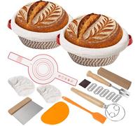 VOKABY 2 Banetones para Pan de Algodón,Con Forro de Lino,Raspador,Cepillo de Silicona,Tapete para Hornear,Recortador de Masa,Batidor de Masa