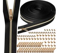 VOKABY 3# 9 M Cremalleras por Metros para Coser,Incluye 30 Tiradores de Cremallera de Metal,60 Hebillas de Tope Superior Inferior de Cremallera (Negro-Dorado)