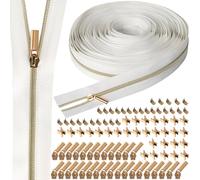 VOKABY 3# 9 M Cremalleras por Metros para Coser,Incluye 30 Tiradores de Cremallera de Metal,60 Hebillas de Tope Superior Inferior de Cremallera (Blanco-Dorado)