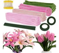 VOKABY 400 Piezas Limpiapipas Manualidades,4 Colores Limpia Pipas,400 Piezas de Estambres,20 Piezas de Alambre de Flores(Rosa)