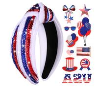 vokone Diadema con cuentas para el 4 de julio, color rojo, blanco y azul, diadema de lentejuelas patriótica con bandera americana, diadema anudada con tatuajes para mujeres y niñas, accesorios del Día