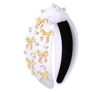 vokone Diadema de lazo con lazo dorado para mujer, diadema ancha adornada con cristales y joyas, accesorios para el cabello