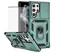 Vokuha Funda para Galaxy S22 Ultra, Samsung S22 Ultra SM-S908U con protector de pantalla de vidrio templado y cubierta de cámara deslizante, anillo de 360°, soporte magnético para Samsung Galaxy S22