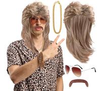 Vokuhila Peluca para hombre rubio de los años 90 y 80, accesorios para hombre, peluca de carnaval larga, bigote, para pegar, gafas, collar, carnaval, disfraz para hombre y hombre, pelucas rubias