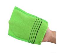 Volakebeing 2 toallas de ducha de doble cara de 14 x 15 cm, paños de baño de fibra exfoliante suave para eliminar las células muertas de la piel y mejorar la piel (amarillo + verde)