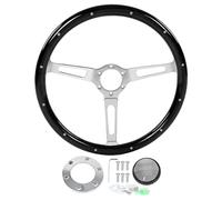 Volante Clásico de 15 Pulgadas, Volante Clásico de Coche de Madera de 6 Agujeros con Remaches de 3 Radios, Volante Clásico de Coche Antiguo con Kit de Botón de Bocina, Rueda de (Negro)