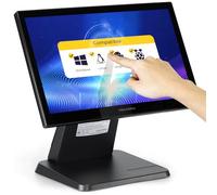 Volcora Monitor de pantalla táctil LED negro de 15.6 pulgadas con soporte de metal, retroiluminado 1366 x 768 con conexión VGA HDMI para pequeñas empresas, restaurantes, oficinas, no requiere