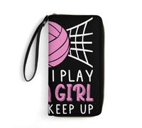 Voleibol Sé que juego como una chica Trata de mantenerme al día Cartera para hombres y mujeres de piel sintética Tarjetero organizador con bolsillo para monedas con cremallera y correa para la muñeca
