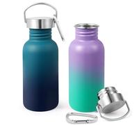 Volhoply Botellas de agua de pared simple sin aislamiento de 500 ml, paquete de 2 unidades, botella de agua deportiva de acero inoxidable con asa, sin BPA 18/8 304 botellas reutilizables (surtidos,2)