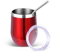 Volhoply - Juego de vasos de vino de acero inoxidable de 350 ml con tapa y popote, vasos de vino sin tallo de doble pared con aislamiento al vacío, taza de viaje para café para bebidas frías, pequeños