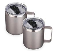 Volhoply Taza de café aislada de acero inoxidable de 14 onzas con tapa, paquete de 2 unidades, taza de café de viaje al vacío de doble pared con asa, vaso de metal reutilizable, tazas de camping que