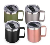 Volhoply Taza de café aislada de acero inoxidable de 14 onzas con tapa, paquete de 4 unidades, taza de café de viaje al vacío de doble pared con asa, taza de termo de metal reutilizable, tazas de