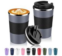 Volhoply Taza de café de viaje aislada de acero inoxidable de 13 onzas con tapa abatible a granel, paquete de 2, taza de café de metal reutilizable de doble pared, vaso térmico portátil a prueba de