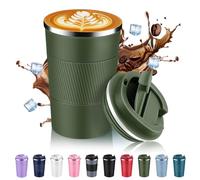 Volhoply Taza de café de viaje aislada de acero inoxidable de 13 onzas con tapa abatible, taza de café de metal al vacío de doble pared, portátil, a prueba de fugas, vaso térmico para bebidas