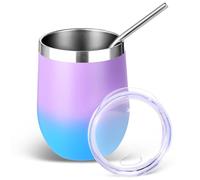 Volhoply Vaso de acero inoxidable doble pared aislada, tapa y popote incluidos, copa de vino sin tallo, taza de café reutilizable para bebidas frías, regalo