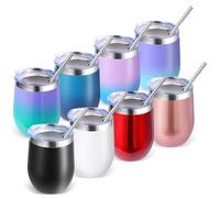 Volhoply Vaso de vino de acero inoxidable de 12 onzas con tapa a granel, paquete de 8, 350ml copas de vino sin tallo de doble pared al vacío, taza de café de viaje de metal con pajita, taza aislada