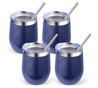 Volhoply Vaso de vino de acero inoxidable de 12 onzas con tapa, paquete a granel de 4 unidades, 350 ml, copas de vino sin tallo al vacío de doble pared, taza de café de viaje de metal con pajita, taza