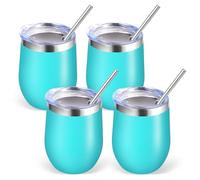 Volhoply Vaso de vino de acero inoxidable de 12 onzas con tapa, paquete de 4 unidades, copas de vino sin tallo al vacío de doble pared, taza de café de viaje de metal reutilizable con popote, taza