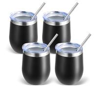 Volhoply Vaso de vino de acero inoxidable de 12 onzas con tapa, paquete de 4 unidades, copas de vino sin tallo al vacío de doble pared, taza de café de viaje de metal reutilizable con popote, taza