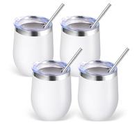 Volhoply Vaso de vino de acero inoxidable de 12 onzas con tapa, paquete de 4 unidades, copas de vino sin tallo al vacío de doble pared, taza de café de viaje de metal reutilizable con popote, taza