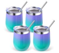 Volhoply Vaso de vino de acero inoxidable de 12 onzas con tapa, paquete de 4 unidades, copas de vino sin tallo al vacío de doble pared, taza de café de viaje de metal reutilizable con popote, taza