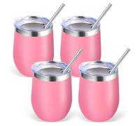 Volhoply Vaso de vino de acero inoxidable de 12 onzas con tapa, paquete de 4 unidades, copas de vino sin tallo al vacío de doble pared, taza de café de viaje de metal reutilizable con popote, taza