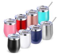 Volhoply Vaso de vino de acero inoxidable de 12 onzas con tapa, paquete de 8 unidades, copas de vino sin tallo al vacío de doble pared, taza de café de viaje de metal reutilizable con popote, tazas