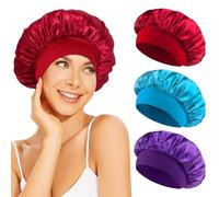 Volhuluk 3 Piezas Gorro Saten Pelo Rizado, Ajustable Gorro Pelo Rizado Dormir, Suave y Cómodo Silk Bonnet con Banda Ancha Elástica, Gorro de Seda para Dormir para Mujeres y Niñas(Azul,Morado,Rojo)