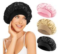 Volhuluk 3 Piezas Gorro Saten Pelo Rizado, Ajustable Gorro Pelo Rizado Dormir, Suave y Cómodo Silk Bonnet con Banda Ancha Elástica, Gorro de Seda para Dormir para Mujeres y Niñas(Negro,Rosa,Oro)