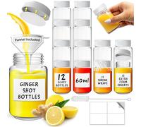 volila Mini Botellas de Cristal con Tapas - Paquete de 12 Shots Botellitas de Vidrio de 2oz/60ml con Embudo, Etiquetas, Envoltura Termocontraíble, Cepillo de Limpieza y Inserto de Espuma Extra