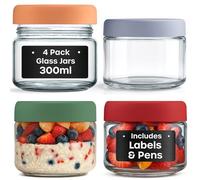 volila Overnight Oats Jar - 4 Pack 10oz / 300ml Vasos Yogurtera Con Tapa, Etiquetas Negras y Bolígrafo - Tarros Herméticos Reutilizables para Yogur y Salsas