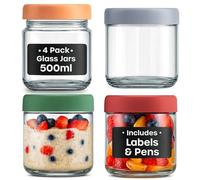 volila Overnight Oats Jar - 4 Pack 16oz / 500ml Vasos Yogurtera Con Tapa, Etiquetas Negras y Bolígrafo - Tarros Herméticos Reutilizables para Yogur y Salsas