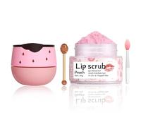 VolksRose Dúo de Cuidado Labial Frutal - Scrub de Melocotón y Mascarilla de Fresa con Palito de Miel y Pincel - Para Labios Secos, Agrietados y Líneas Finas