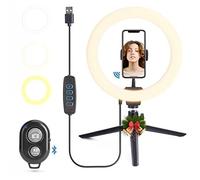 VoltShine Aro LED regulable 2700K-6500K con control bluetooth, regulador de cable y ajuste de temperatura; ideal para fotografía y videollamadas.