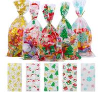 Volumoon 100 Piezas Bolsas Regalo Navidad, Bolsas de Celofan de Navidad,Bolsas de dulces navideñas coloridas, Bolsas Celofan Transparente para Regalos, con Lazos Retorcidos para Galletas (B)