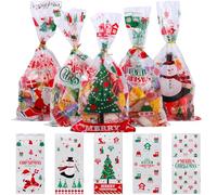 Volumoon 100 Piezas Bolsas Regalo Navidad, Bolsas de Celofan de Navidad,Bolsas de dulces navideñas coloridas, Bolsas Celofan Transparente para Regalos, con Lazos Retorcidos para Galletas (A)