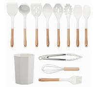 Volumoon 12pcs Juego de Utensilios de Cocina de Silicona, Antiadherente, Resistentes al Calor, Espatulas Silicona Cocina con Mango de Madera, Tongs, Whisk, Soporte, Aptos para Lavavajillas (Blanco)
