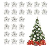 Volumoon 24 Piezas Flores Navideñas Artificiales, Flores Poinsettia Brillantes de Navidad, Flores de Navidad con Polve de Brillo, para Árbol de Navidad, Corona, Fiesta, Boda Decoración (Plata)