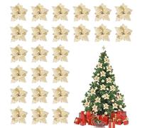 Volumoon 24 Piezas Flores Navideñas Artificiales, Poinsettia Brillantes Con Polvo de Brillo, para Árbol de Navidad, Corona, Fiesta, Boda Decoración (Oro)