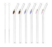 Volumoon 6 Pcs Pajitas de Cristal Reutilizables, Pajitas de Cristal Curvadas, Pajitas de Vidrio Transparente, Pajitas con Diseño de Uva, con Cepillos de Limpieza, para Batidos Cócteles