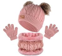 volumoon Conjunto de Bufanda y Gorro y Guantes Bebe,Gorro de Punto Térmicos Guantes y Bufanda con Forro Polar, Invierno Cálidos Beanie Bufanda Sombreros y Guantes con Pompon para Niños y Niñas (Rosa)