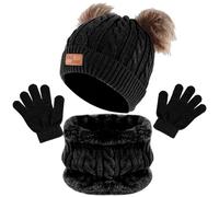 volumoon Conjunto de Bufanda y Gorro y Guantes Bebe,Gorro de Punto Térmicos Guantes y Bufanda con Forro Polar, Invierno Cálidos Beanie Bufanda Sombreros y Guantes con Pompon para Niños y Niñas (Negro)