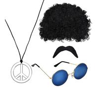 Volumoon Conjunto de Disfraces de Hippies, Peluca Afro, Moda Gafas De Sol, Collar de Signo de Paz, Bigote, 4 Piezas Accesorios de Disfraz Hippie Retro para Fiesta de Tema Retro de 50/60/70s