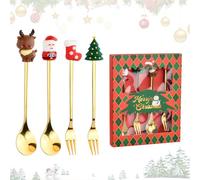 Volumoon Cucharas y Tenedores de Navidad, Juego de 4 Cubiertos de Navidad, Cuchara de Café de Acero Inoxidable, Cucharas de Café Navideñas, con Caja de Embalaje de Regalo (Estilo Navideño-2)